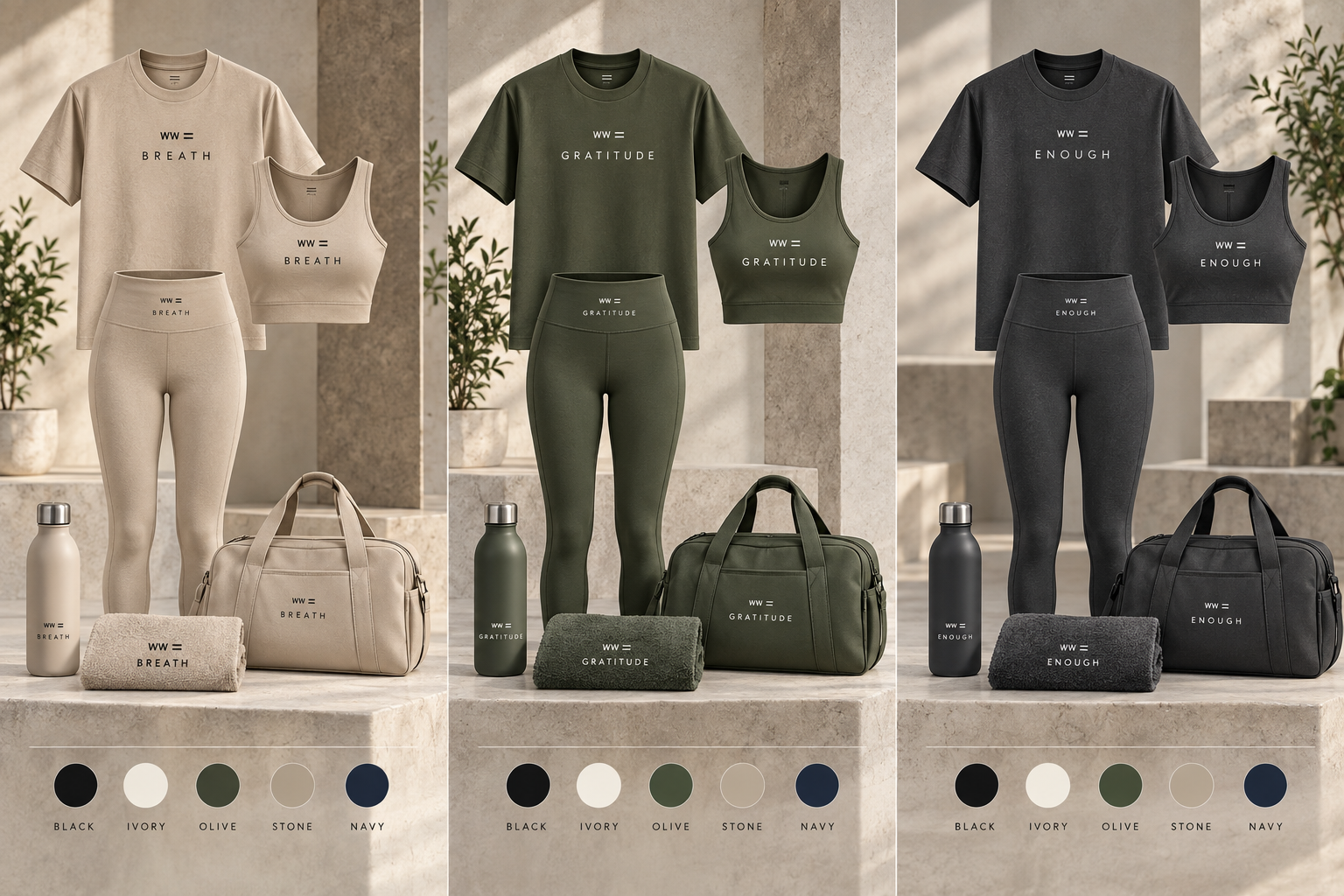 Breath, Gratitude and Enough complete matching product sets with five available colours
