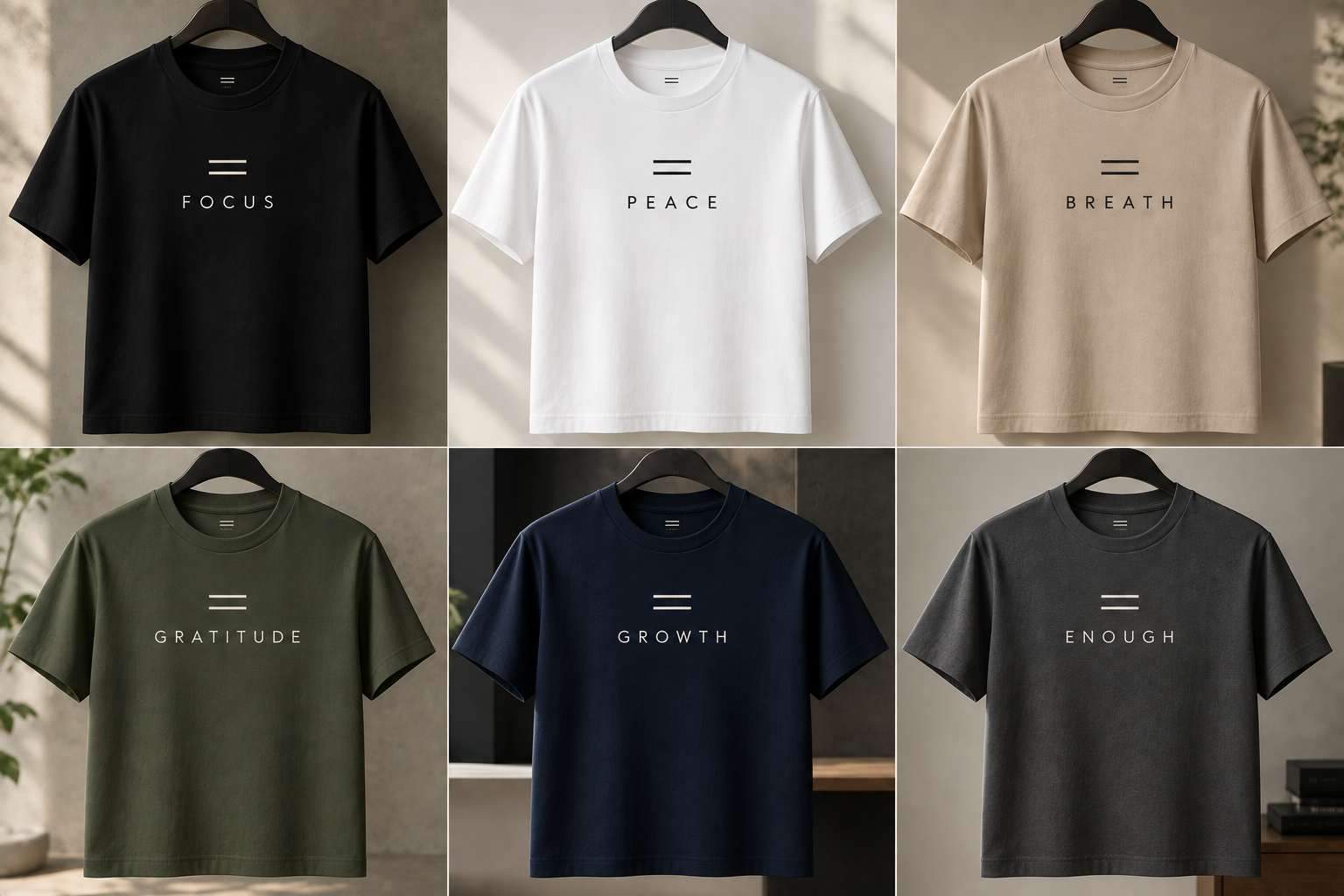 Original T-shirts featuring Focus, Peace, Breath, Gratitude, Growth and Enough